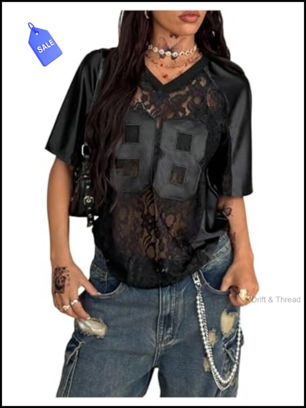 Lace Mesh Sheer Oversized T-Shirt V-Neck Graphic Tee Y2K Style
